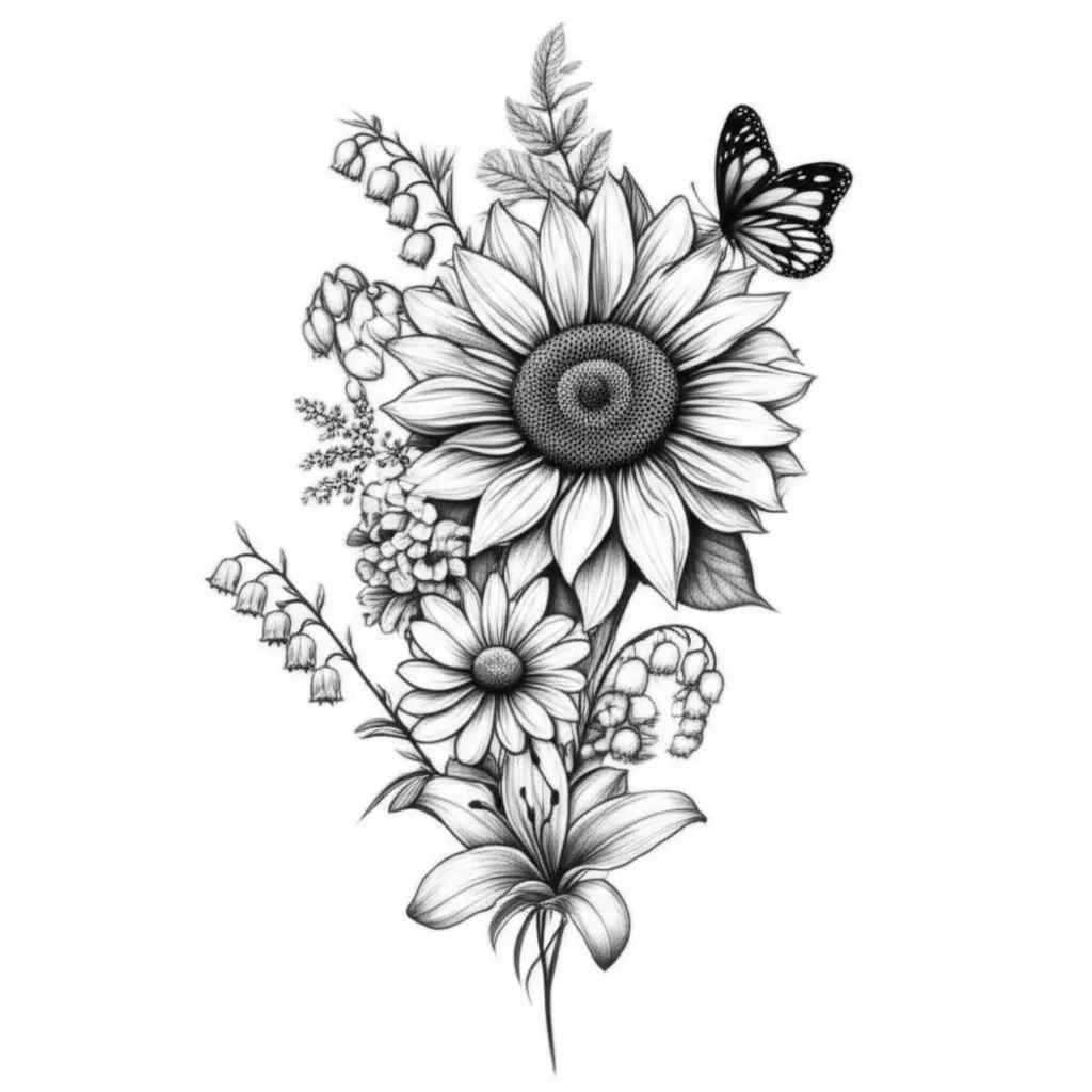 Fine Line Floral Tattoo with Butterfly: Sunflower, Marigold, Daisy, Lily Fine Line Floral Tattoo with Butterfly: Sunflower, Marigold, Daisy, Lily