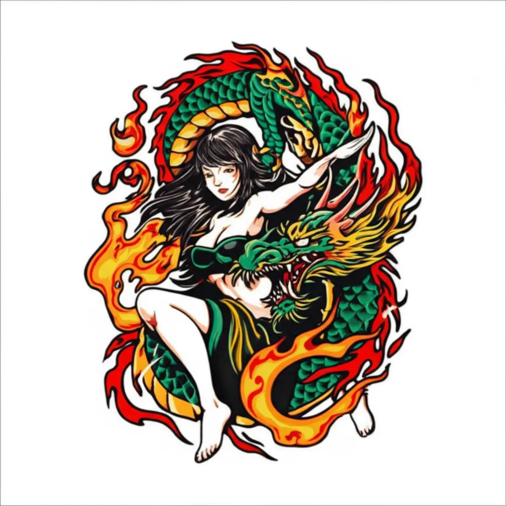 Anime Woman and Dragon Tattoo Design with Fire Anime Woman and Dragon Tattoo Design with Fire