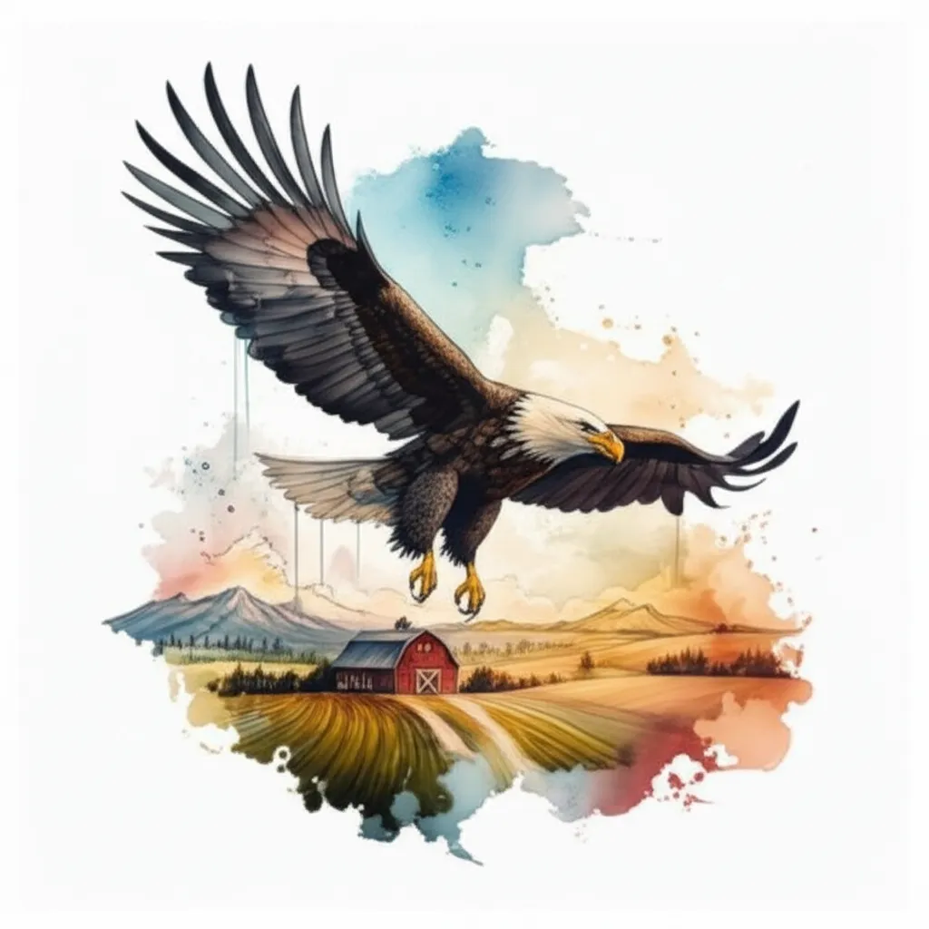 Watercolor Eagle Over Farm Tattoo Design Watercolor Eagle Over Farm Tattoo Design