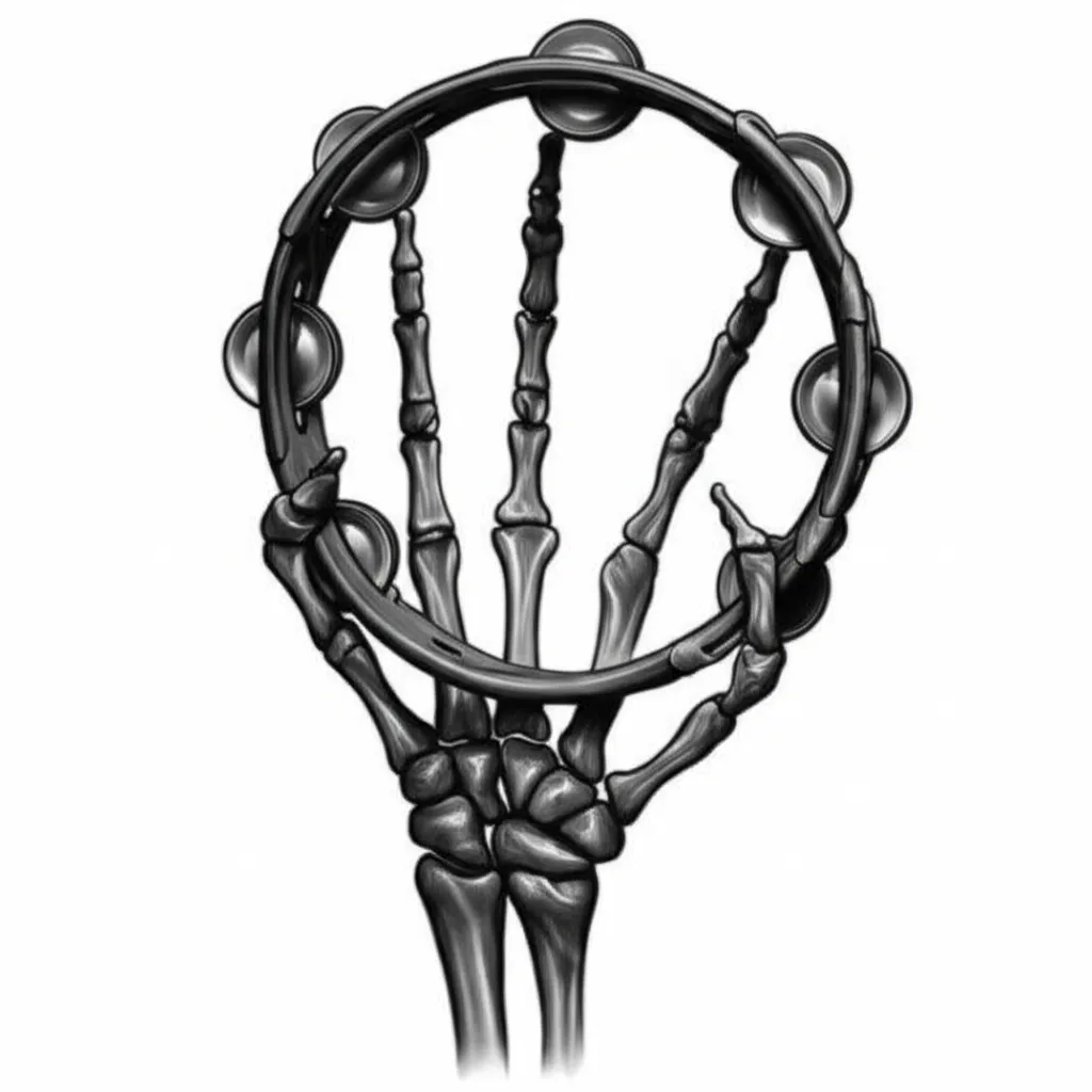 Realistic Skeleton Hand Tambourine Tattoo Design Realistic Skeleton Hand Tambourine Tattoo Design