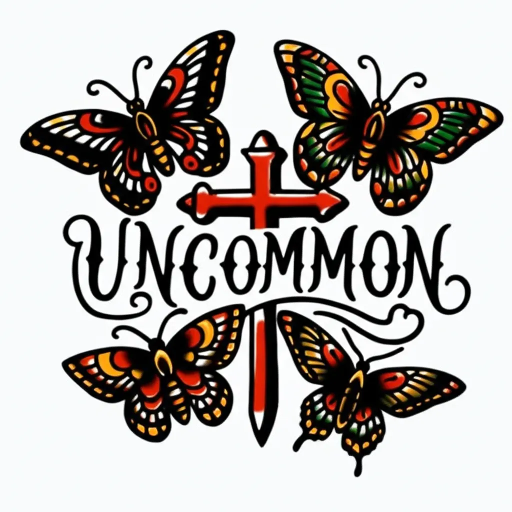 Uncommon Word Cross and Butterflies American Traditional Tattoo