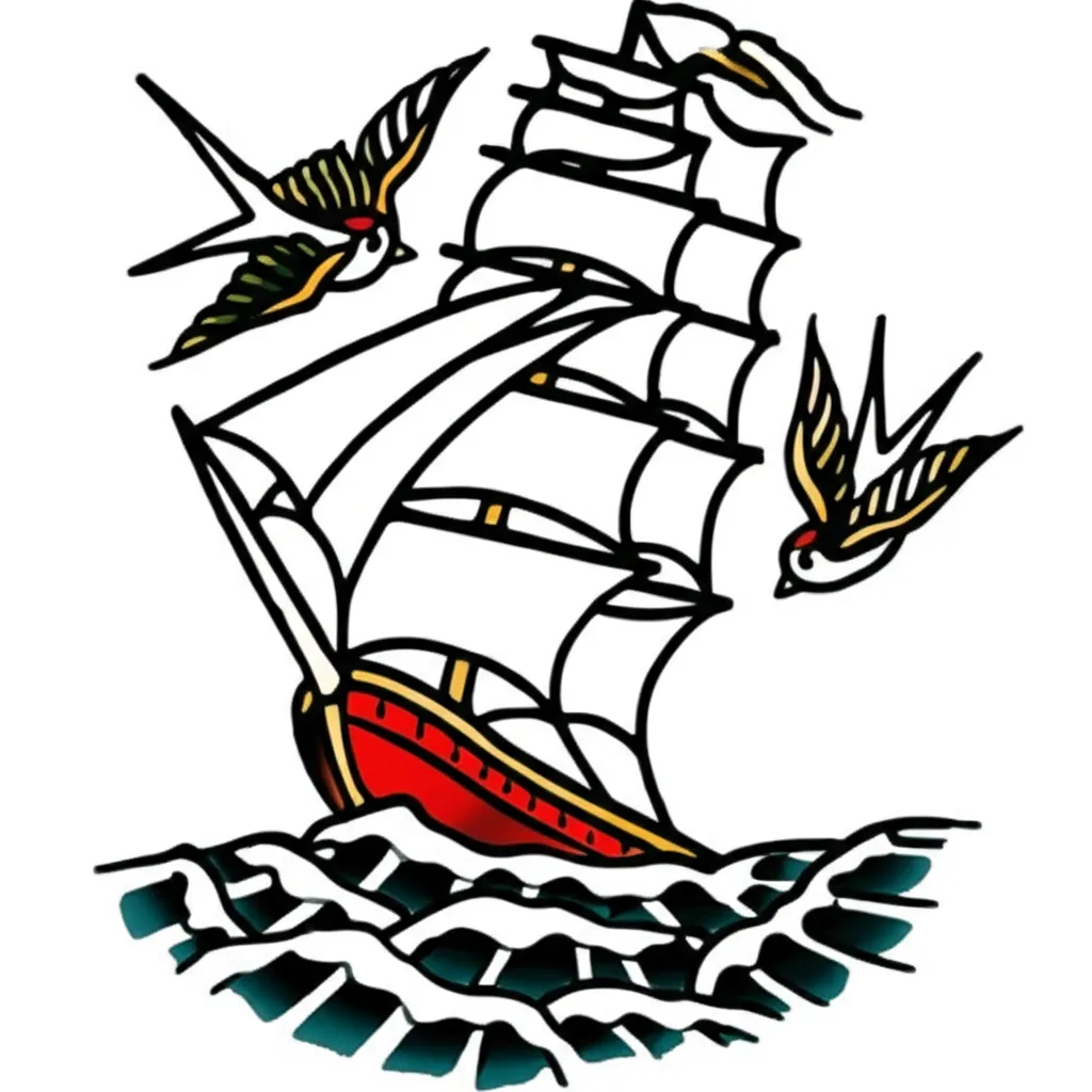 American Traditional Clipper Ship Tattoo with Swallows American Traditional Clipper Ship Tattoo with Swallows