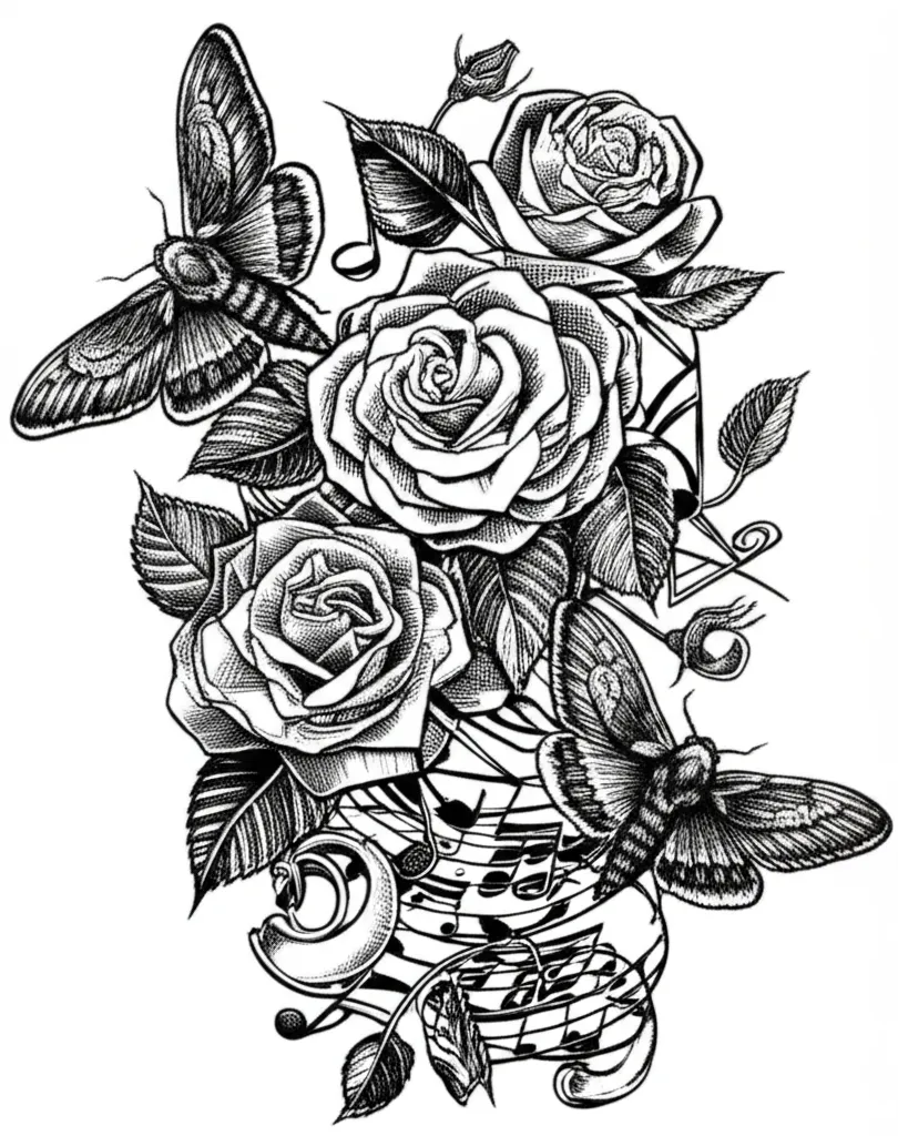 Gothic Music Notes, Roses & Moths Tattoo Design