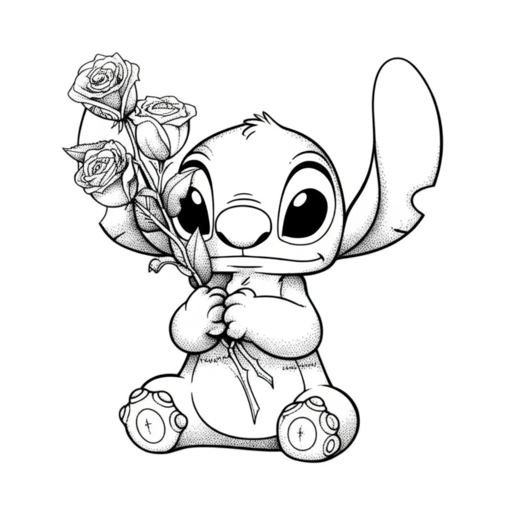Stitch Holding Roses Fine Line Tattoo Design