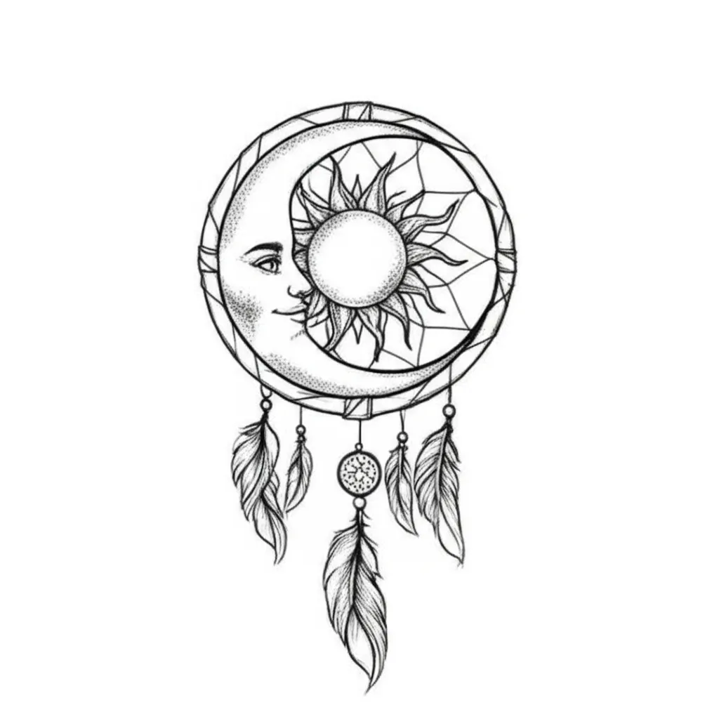 Sun and Moon Dreamcatcher Fine Line Tattoo Design