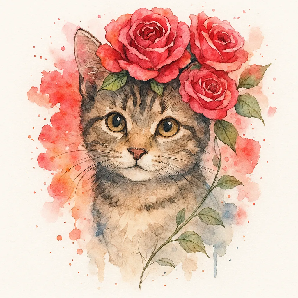 Watercolor Cat Tattoo with Roses: A Floral Feline Design
