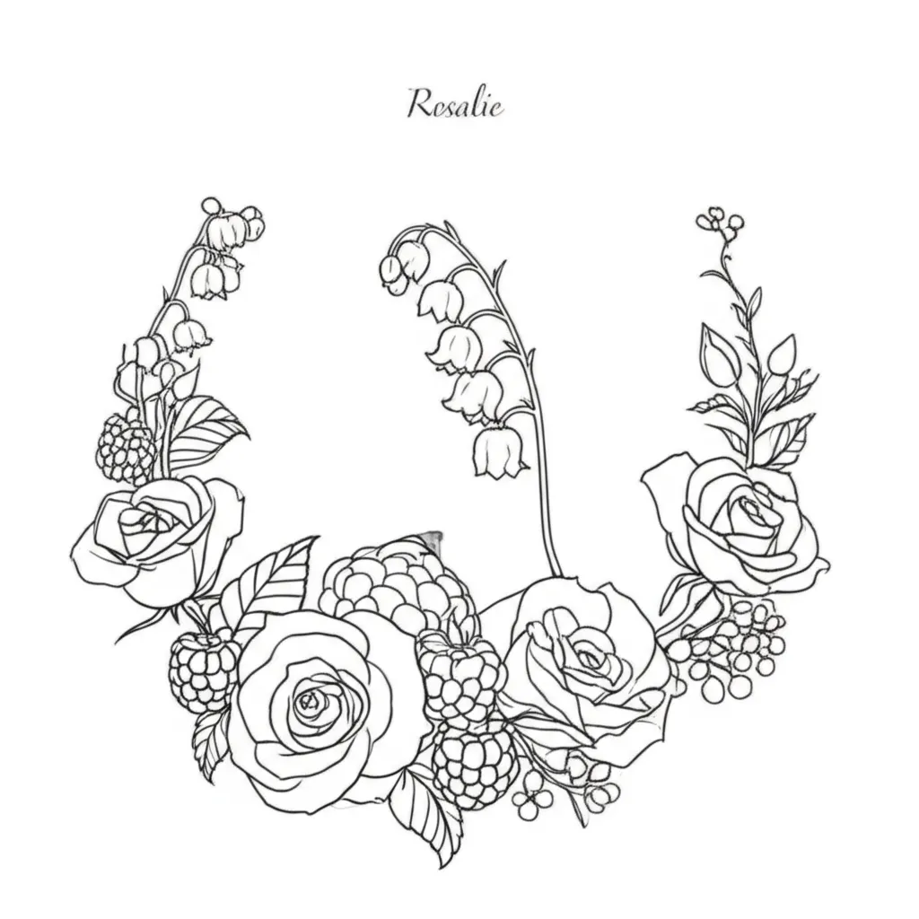 Minimalist Rosalie Floral Tattoo Design with Roses and Raspberries