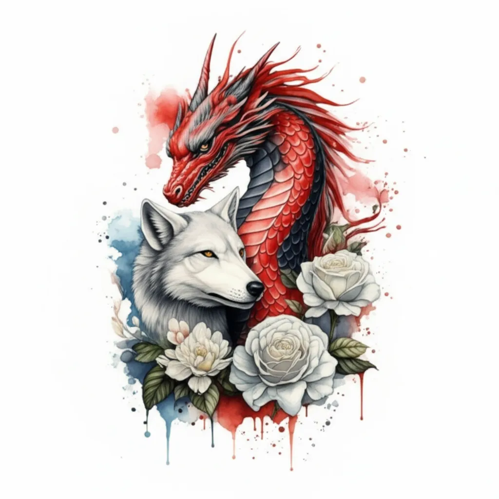 Watercolor Dragon and Wolf Tattoo with White Flowers