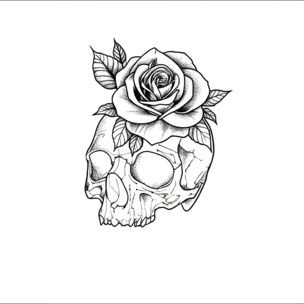 Fine Line Skull and Rose Tattoo Design