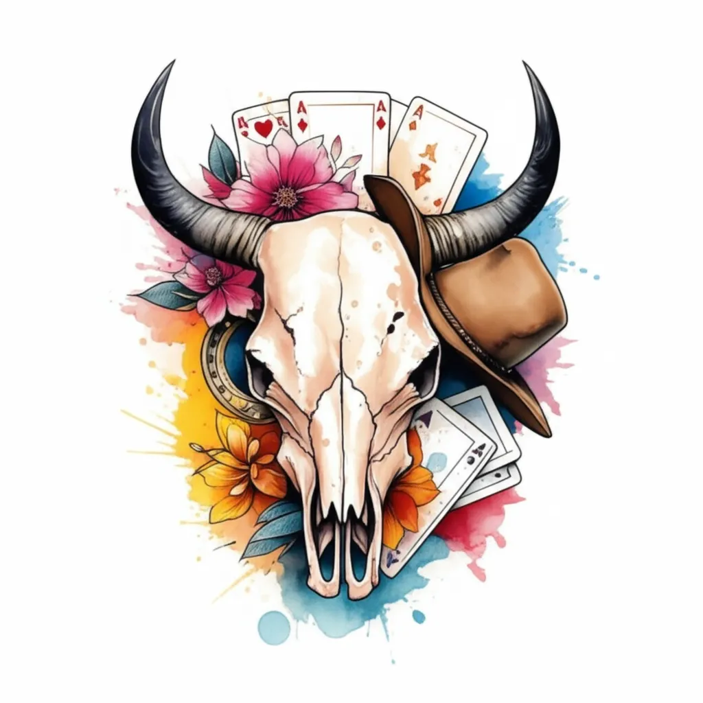 Watercolor Bull Skull Tattoo with Flowers, Horseshoe & Cards Watercolor Bull Skull Tattoo with Flowers, Horseshoe & Cards