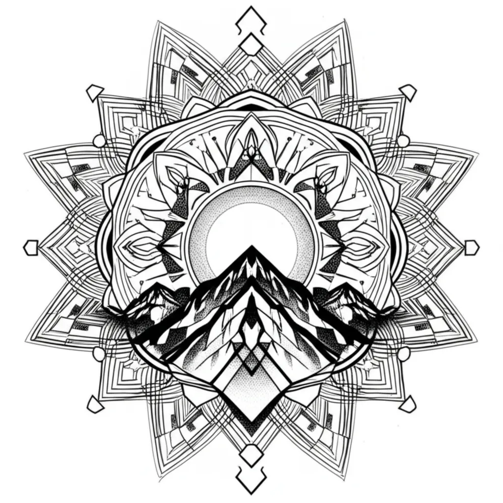 Geometric Mountain and Sun Tattoo Design