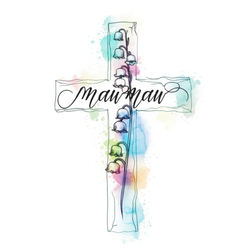 Watercolor Cross Tattoo with Lily of the Valley and 'Mawmaw' Script Watercolor Cross Tattoo with Lily of the Valley and 'Mawmaw' Script