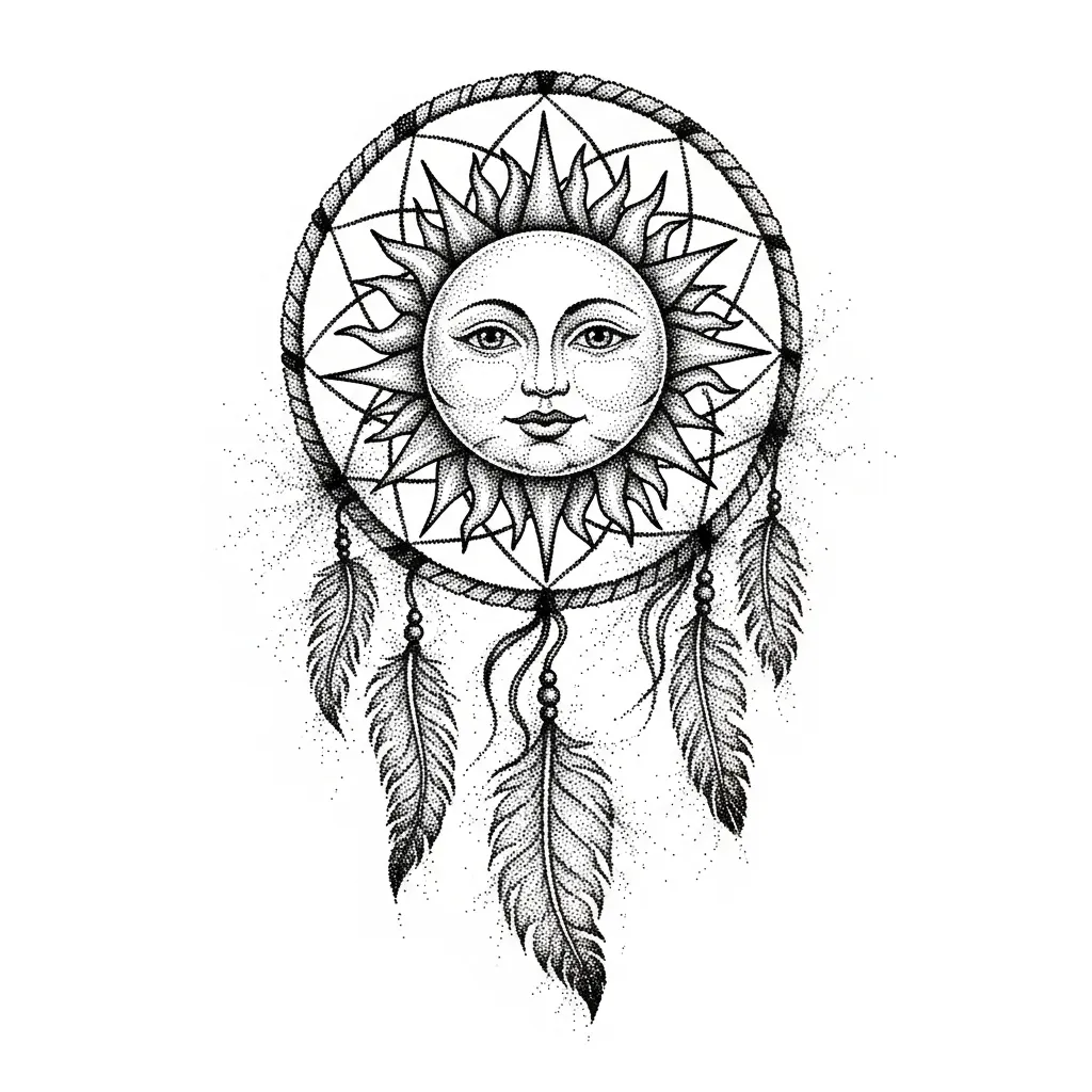 Dotwork Sun Dreamcatcher Tattoo Design