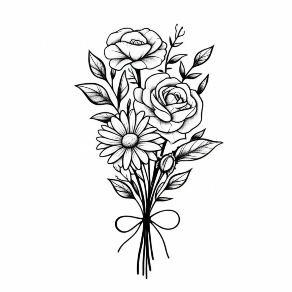 Fine Line Bouquet Tattoo: Daisy, Lily, Poppy, Rose & Bow Fine Line Bouquet Tattoo: Daisy, Lily, Poppy, Rose & Bow