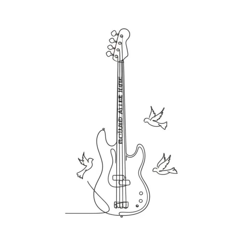 Minimalist Bass Guitar Tattoo with Angels and Name