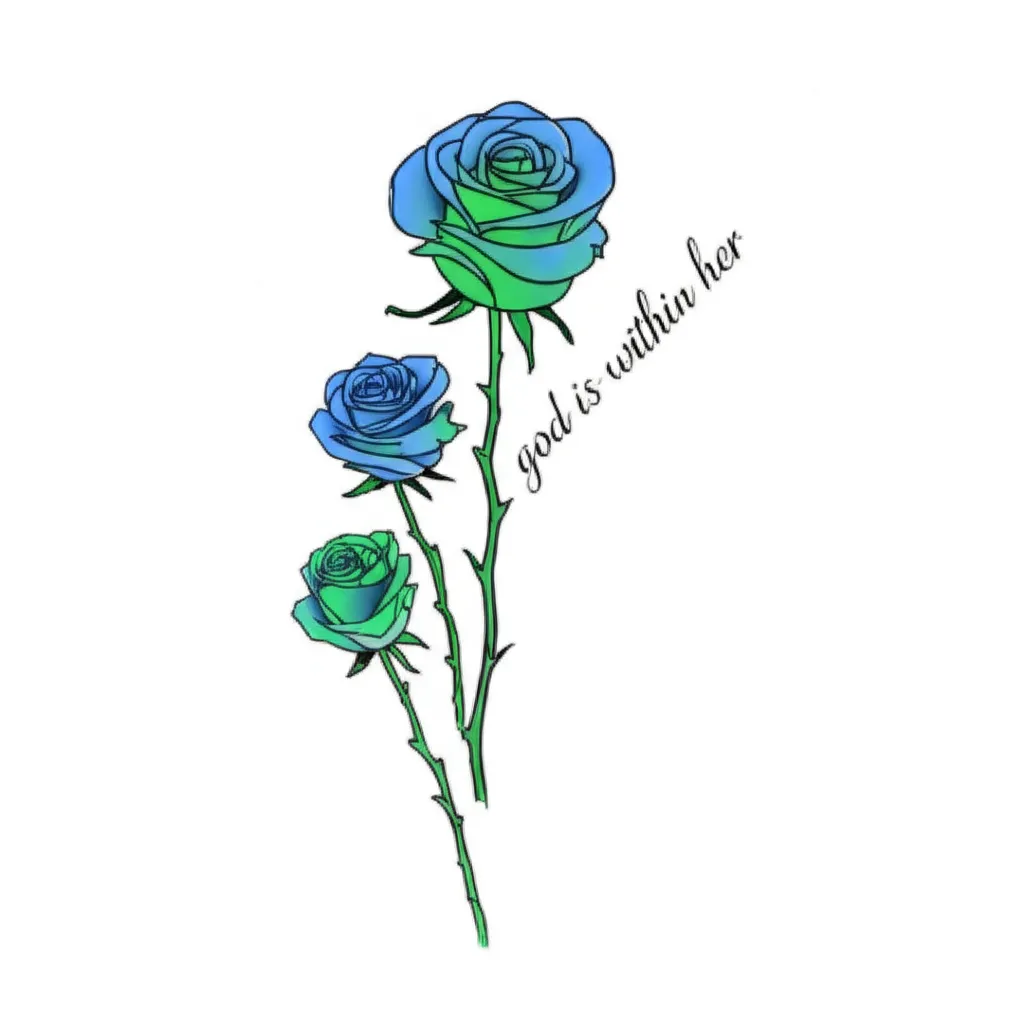 Royal Blue and Green Roses Tattoo with 'God is Within Her' Script