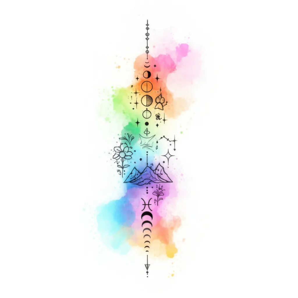 Watercolor Spine Tattoo with Moon Phases, Pisces & Floral Details