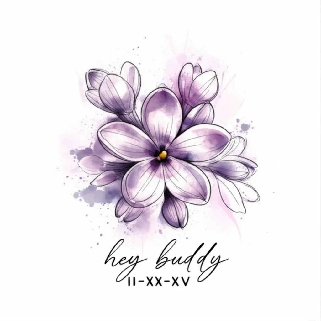 Watercolor Lilac Flower Tattoo with Roman Numerals & 'Hey Buddy'