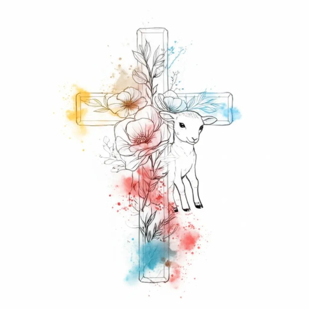 Watercolor Cross, Flowers, and Lamb Tattoo Design