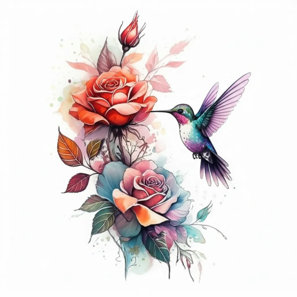 Watercolor Rose and Hummingbird Tattoo Design Watercolor Rose and Hummingbird Tattoo Design