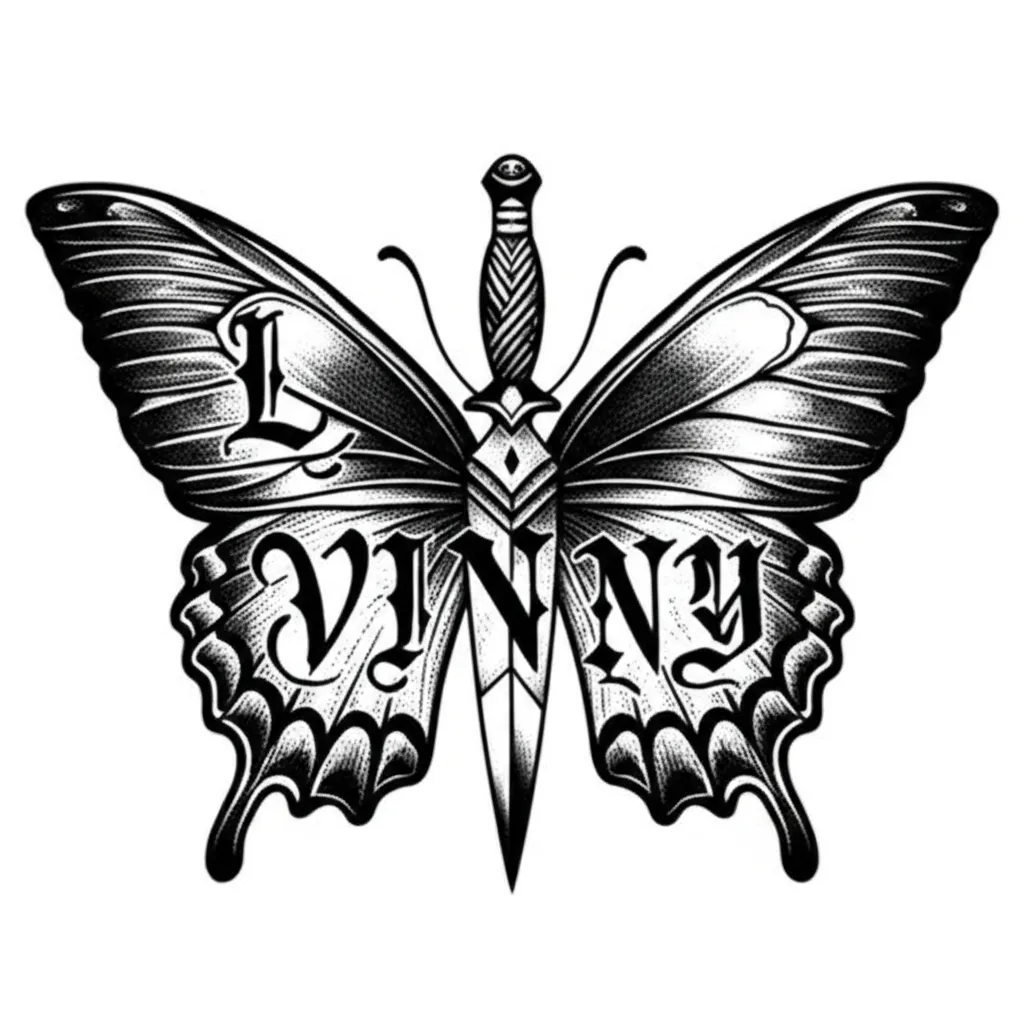 Gothic Butterfly Tattoo with Dagger and Name 'Vinny'