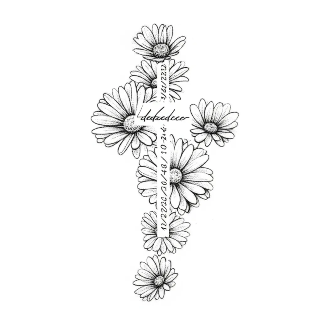 Deedee Memorial Daisy Cross Fine Line Tattoo Design Deedee Memorial Daisy Cross Fine Line Tattoo Design