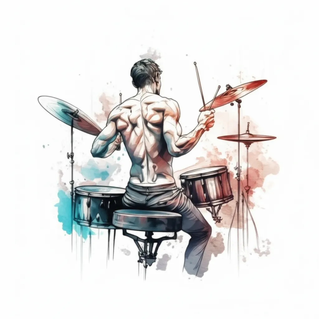 Watercolor Tattoo Design of a Man Playing Drums on Back