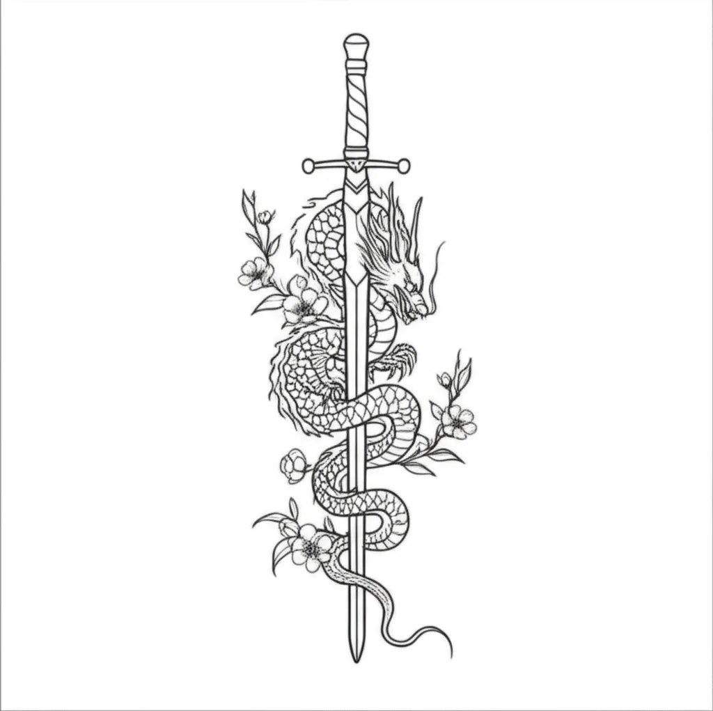 Minimalist Dragon and Sword Tattoo with Cherry Blossoms