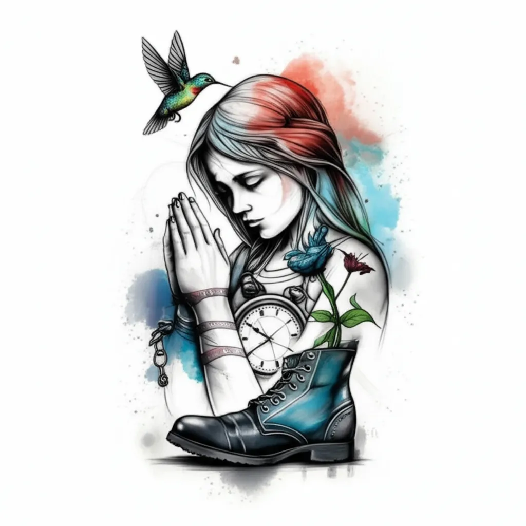 Watercolor Tattoo of Praying Girl, Addiction, and Hope Watercolor Tattoo of Praying Girl, Addiction, and Hope