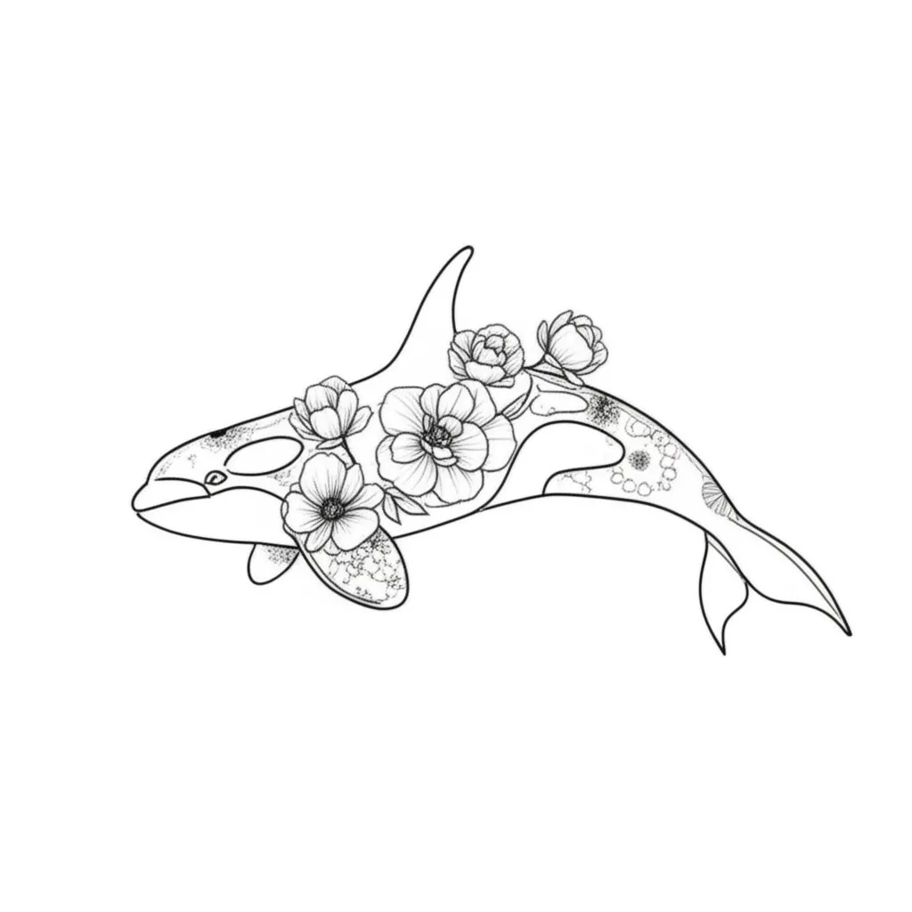 Minimalist Orca Tattoo with Flowers - Black and White Design Minimalist Orca Tattoo with Flowers - Black and White Design