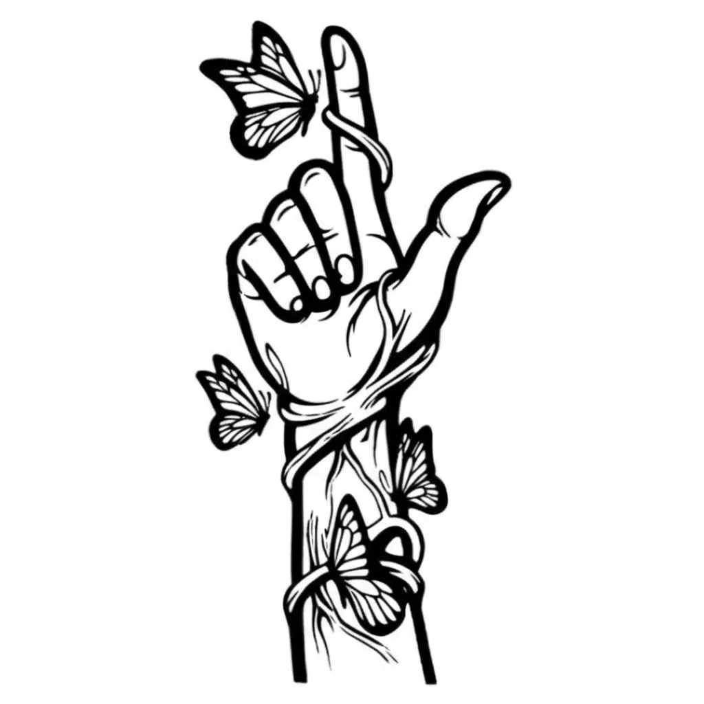 Plant Vein and Butterfly Graffiti Tattoo on Wrist and Finger