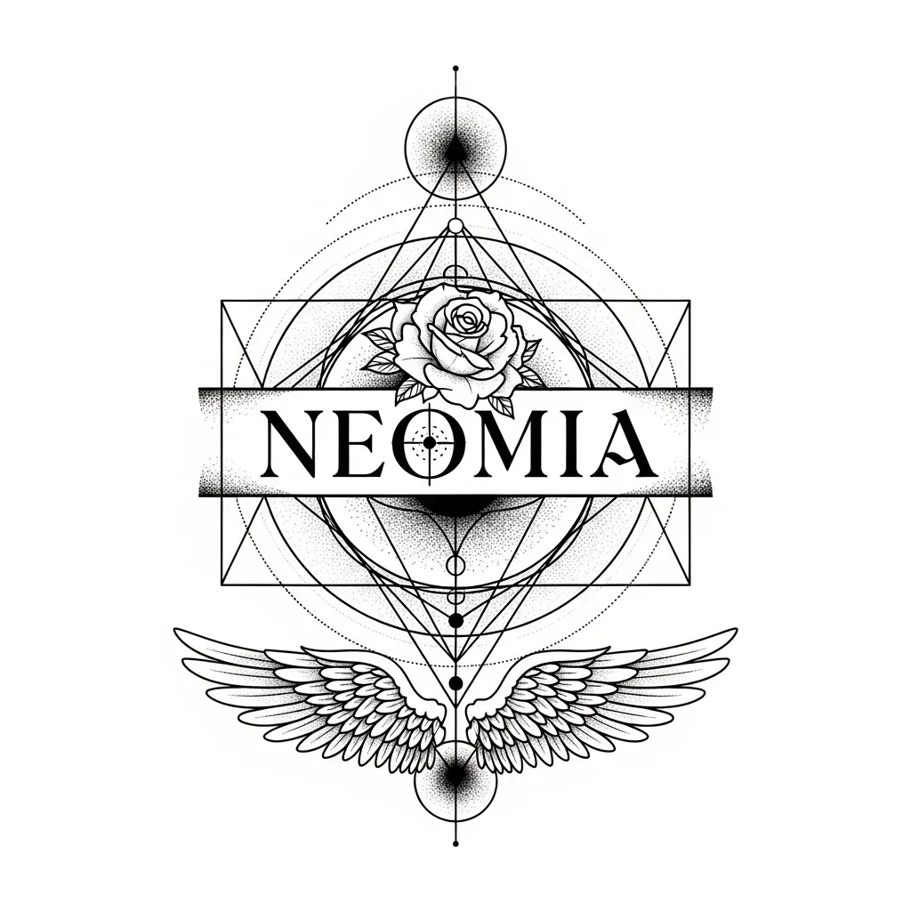 Neomia Name Tattoo with Rose and Angel Wings in Geometry Style Neomia Name Tattoo with Rose and Angel Wings in Geometry Style