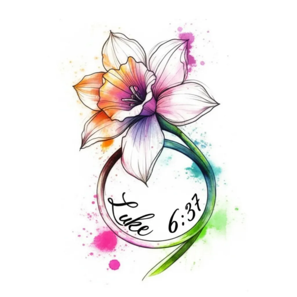 Watercolor Narcissus Flower Tattoo with Luke 6:37 Verse