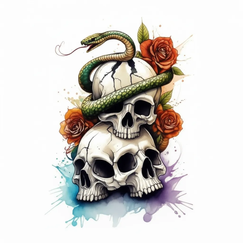 Watercolor Cracked Skulls and Snake Tattoo Design Watercolor Cracked Skulls and Snake Tattoo Design