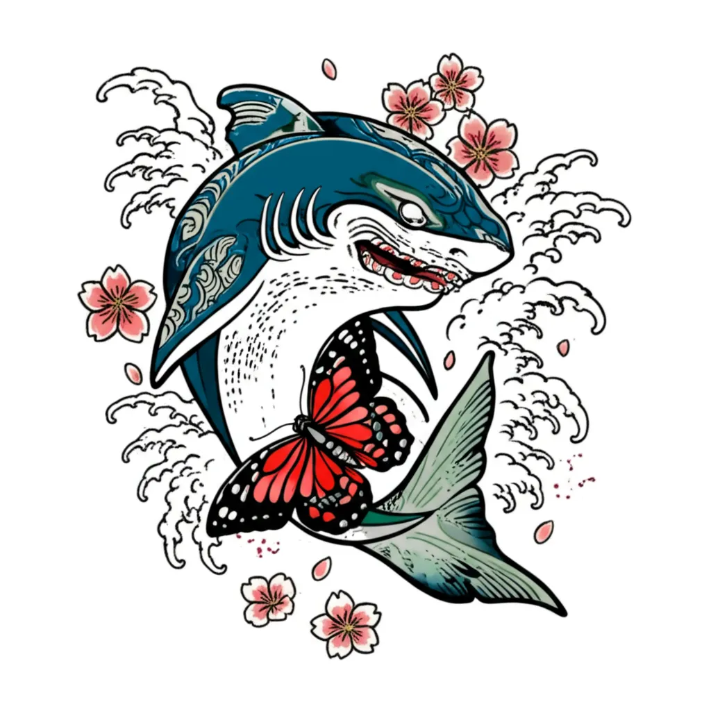 Shark and Butterfly Friendship Tattoo - Japanese Style