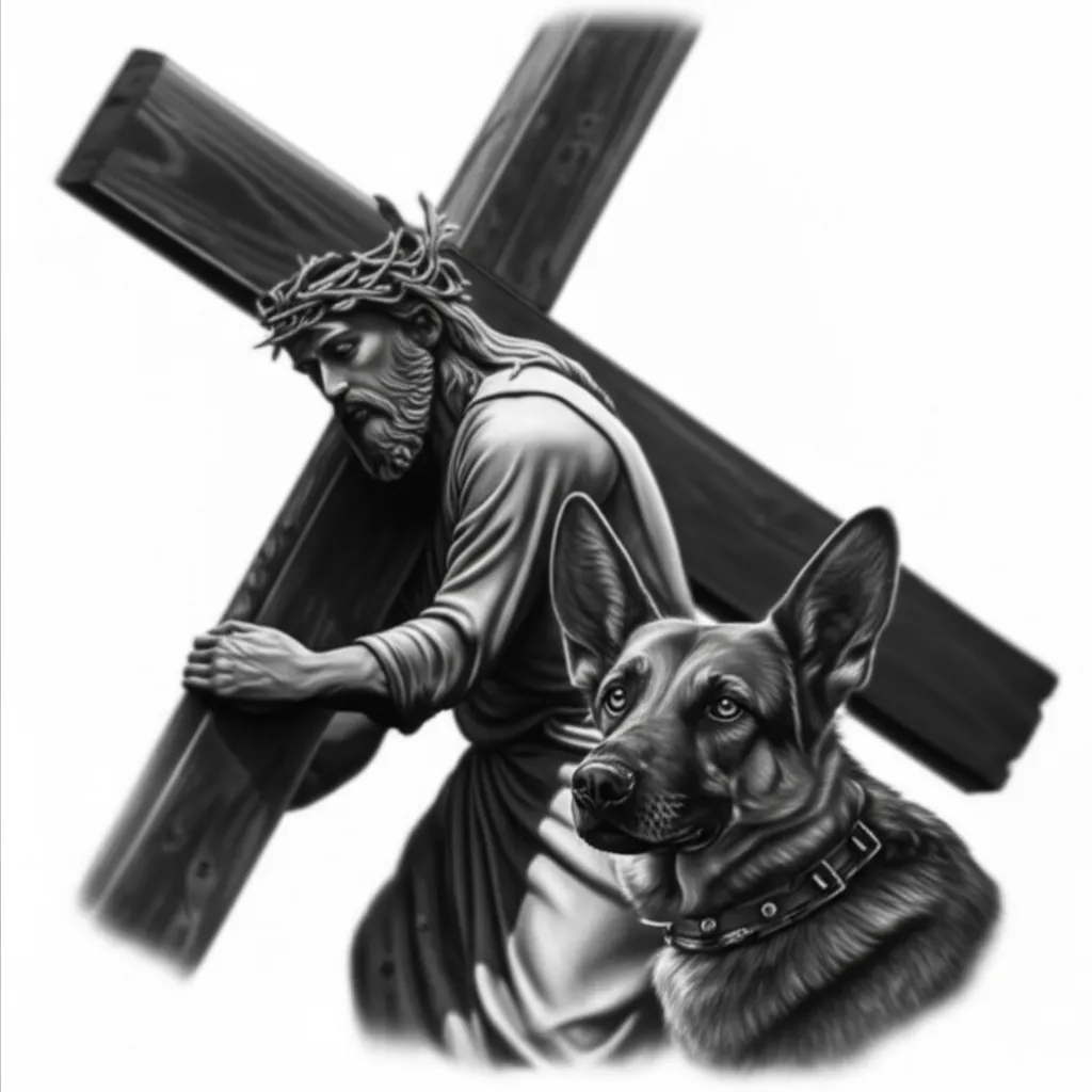 Jesus and German Shepherd Tattoo: A Realistic and Faithful Design Jesus and German Shepherd Tattoo: A Realistic and Faithful Design