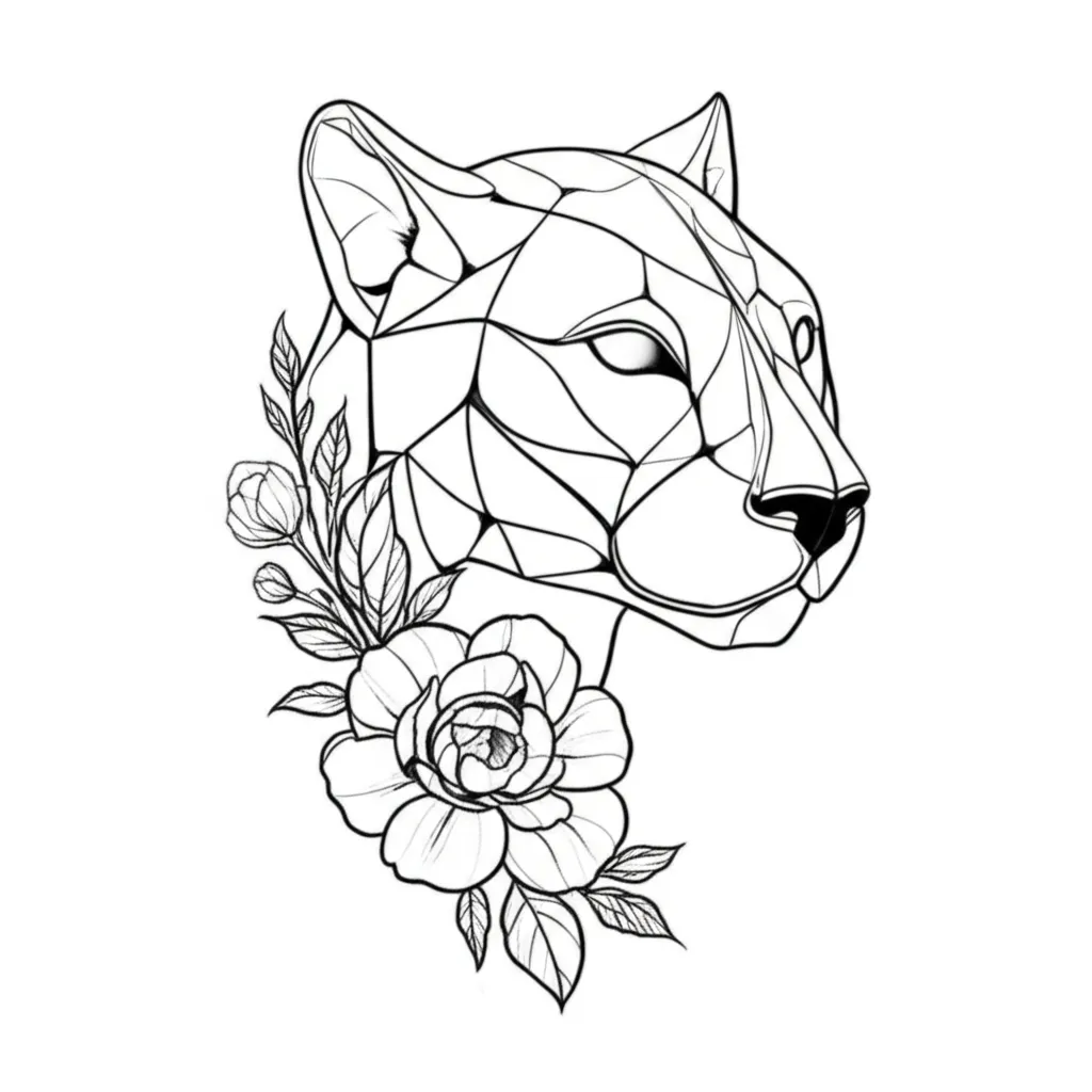 Minimalist Panther Geometric Tattoo with Flowers Minimalist Panther Geometric Tattoo with Flowers