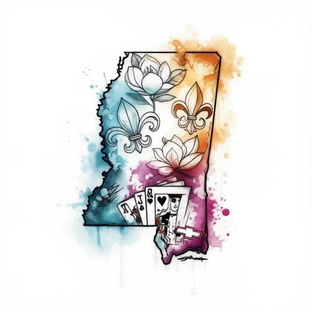 Mississippi State Watercolor Tattoo with Magnolia, Fleur de Lis & Chevy Mississippi State Watercolor Tattoo with Magnolia, Fleur de Lis & Chevy