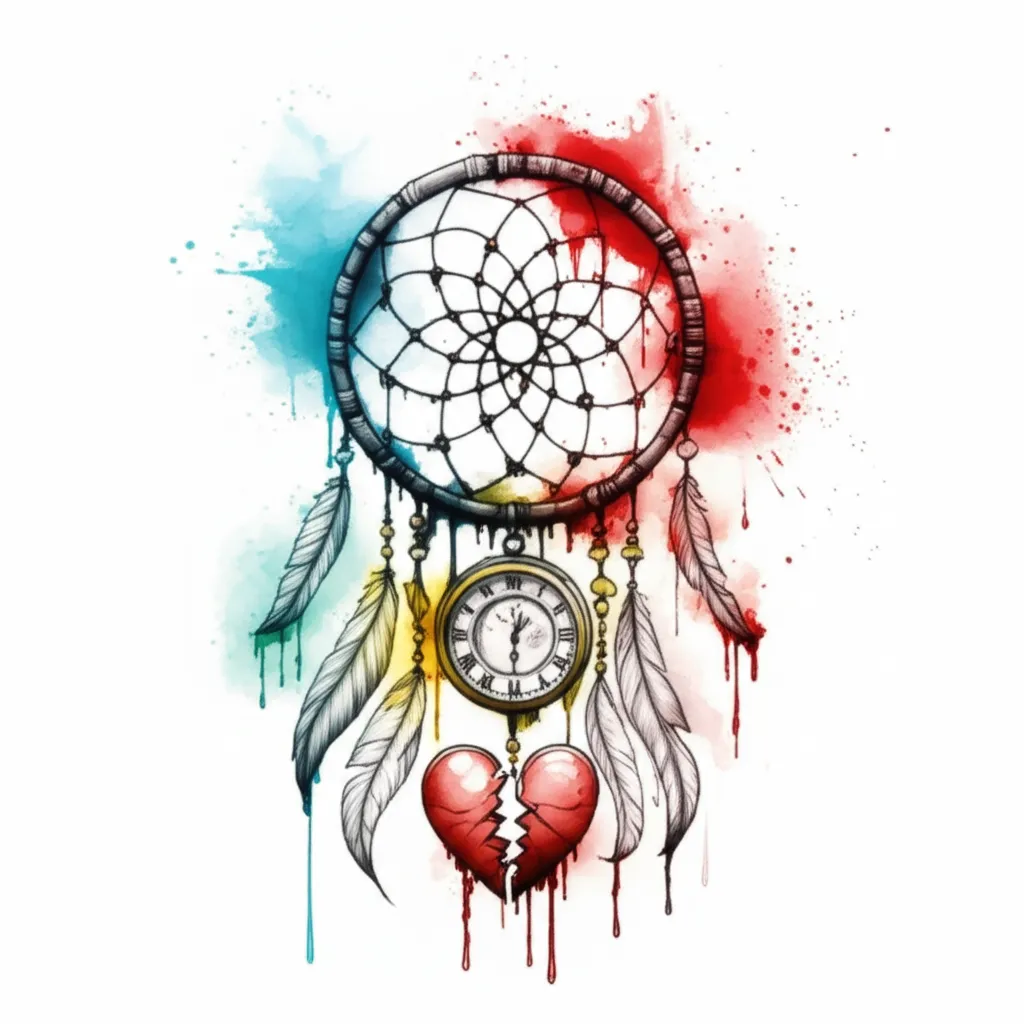 Watercolor Dreamcatcher Tattoo with Broken Heart & Time Clock Watercolor Dreamcatcher Tattoo with Broken Heart & Time Clock