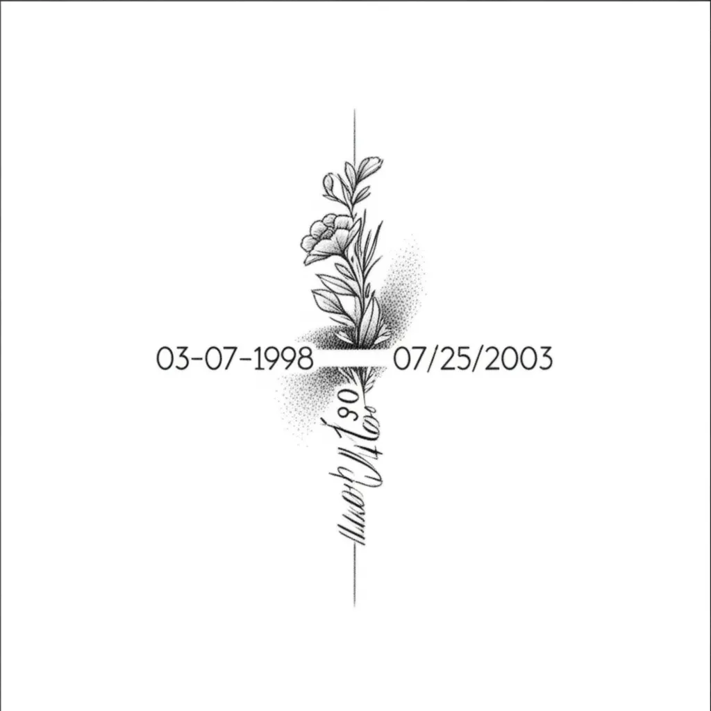 Matching Couple Tattoo with Birthdates and Bible Verse - Fine Line Design