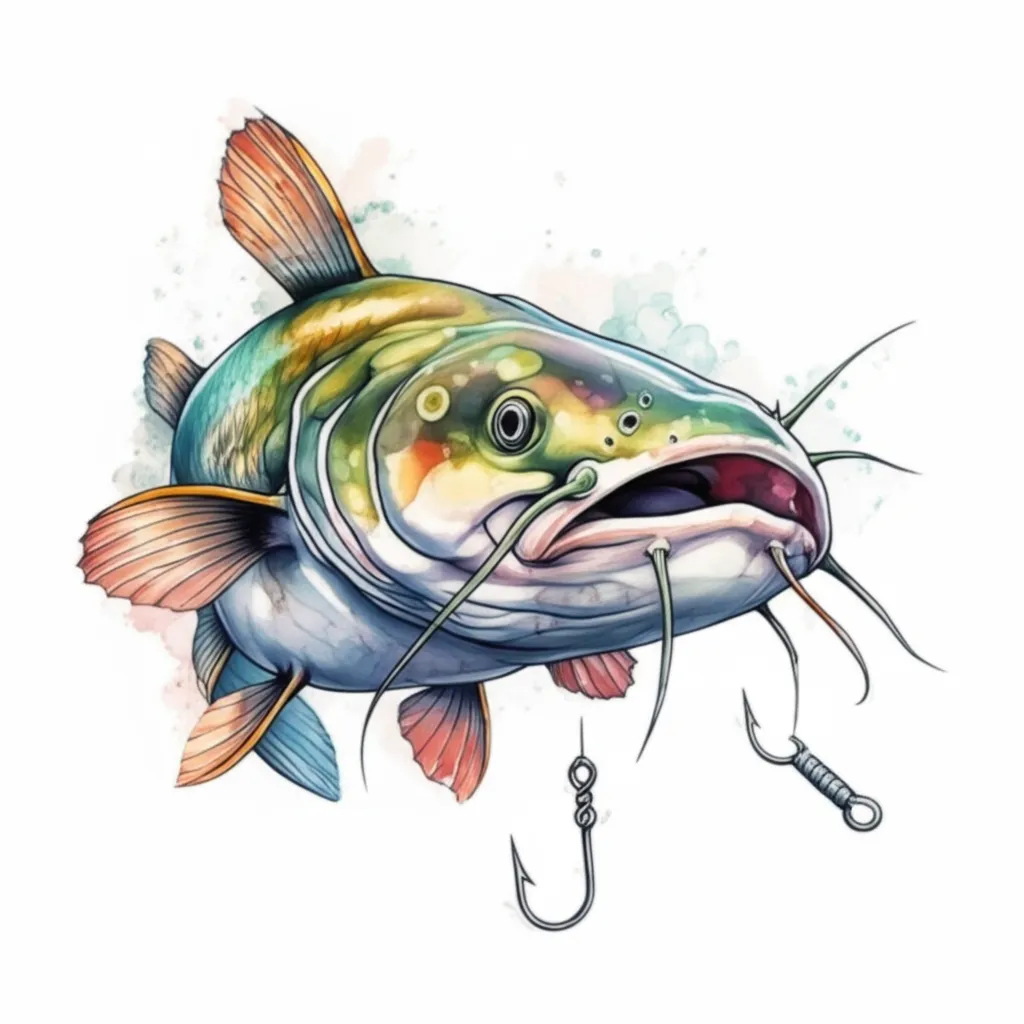 Watercolor Catfish Tattoo Design with Hook