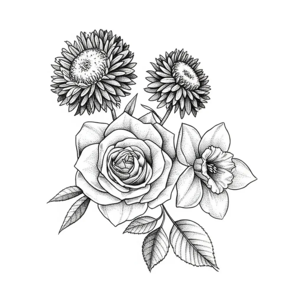 Fine Line Floral Tattoo: Aster, Rose, and Daffodil Design Fine Line Floral Tattoo: Aster, Rose, and Daffodil Design