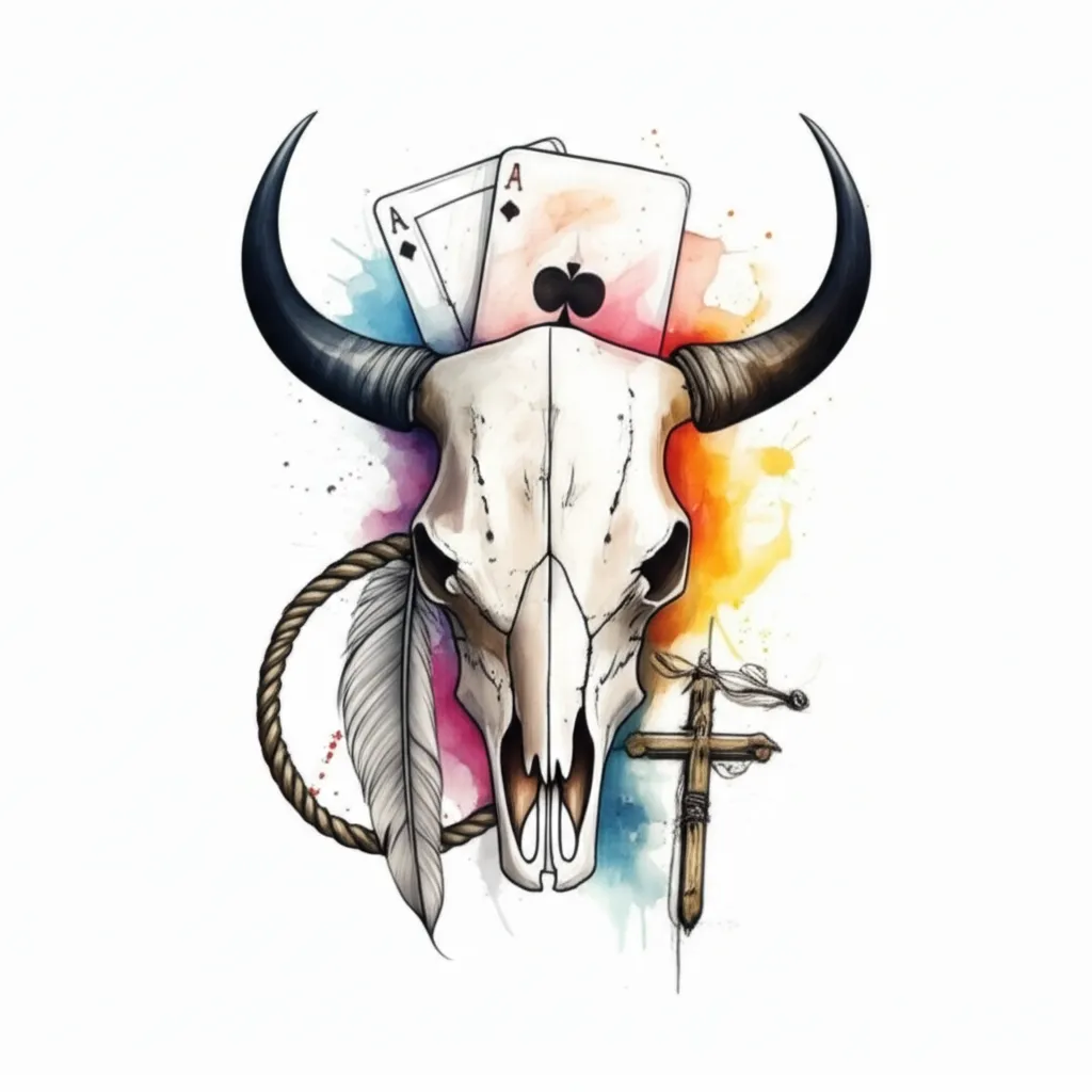 Watercolor Sleeve Tattoo Design with Bull Skull and Playing Cards Watercolor Sleeve Tattoo Design with Bull Skull and Playing Cards