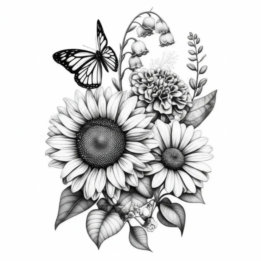 Black and White Dotwork Floral Tattoo with Butterfly Black and White Dotwork Floral Tattoo with Butterfly