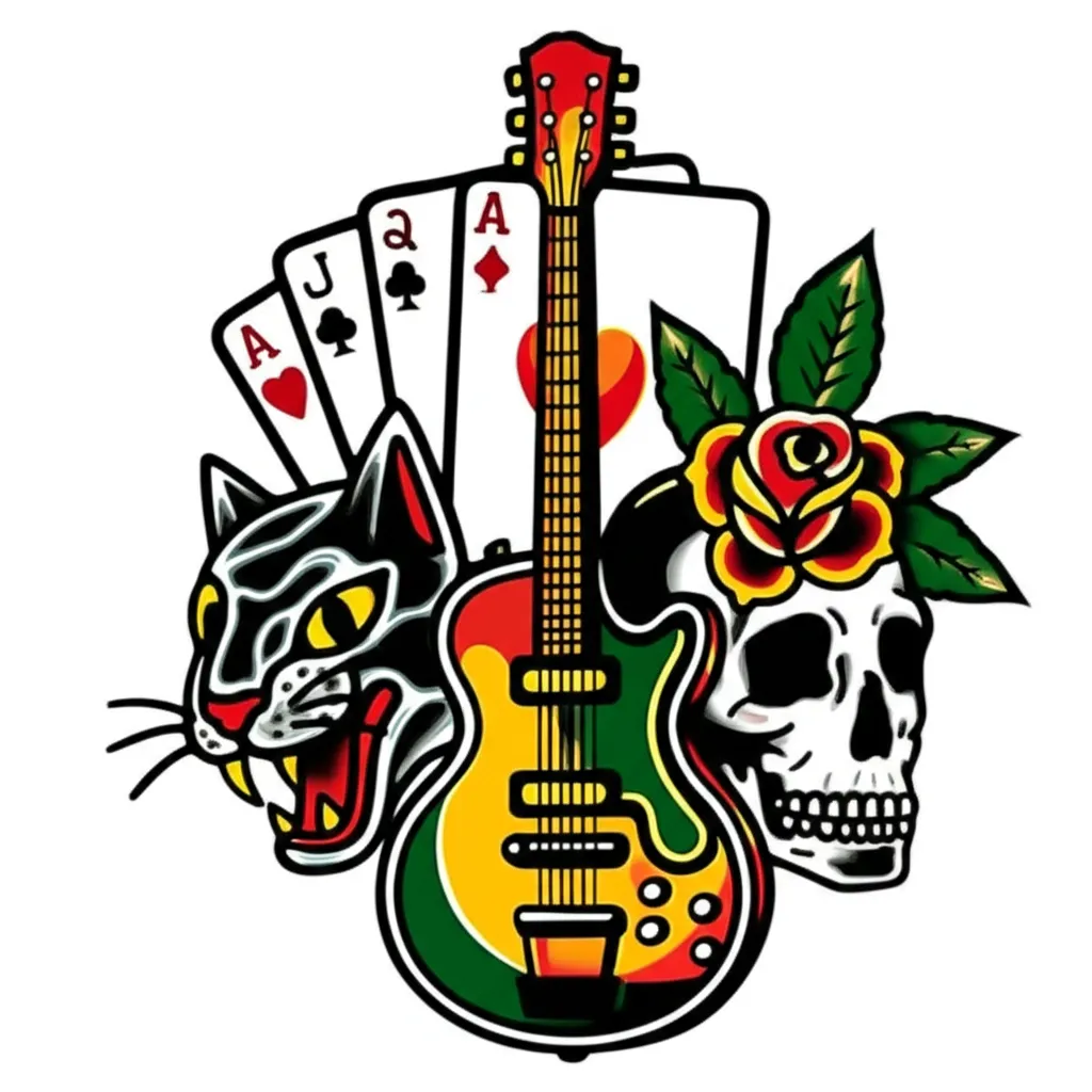 Old School Guitar, Cat, Skull & Roses Tattoo Design Old School Guitar, Cat, Skull & Roses Tattoo Design