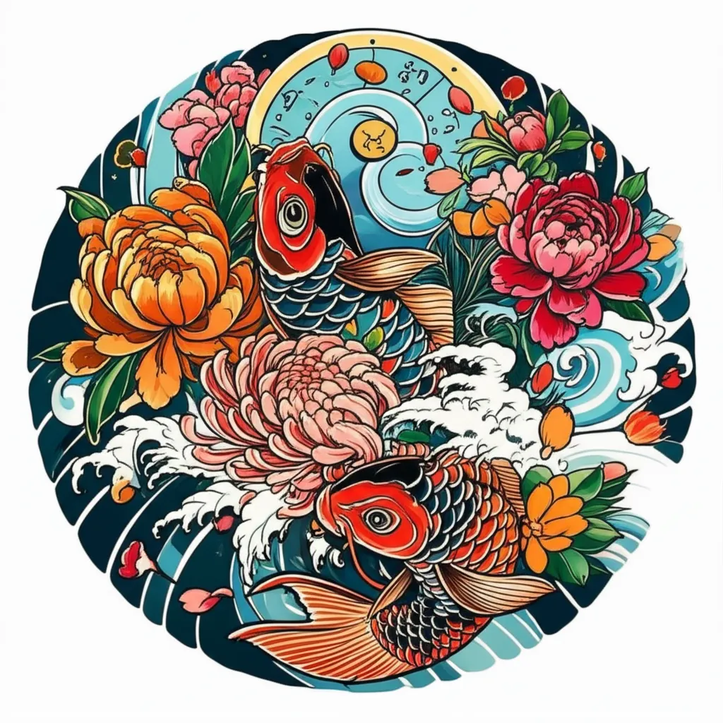 Japanese Koi Fish Tattoo with Cherry Blossoms and Astrology Japanese Koi Fish Tattoo with Cherry Blossoms and Astrology