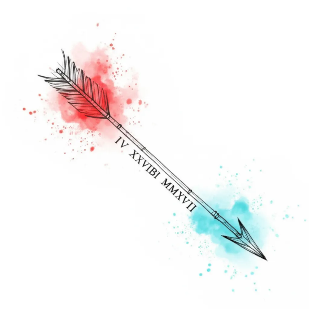Watercolor Arrow Tattoo with Roman Numerals - IV XXVIII MMXVII
