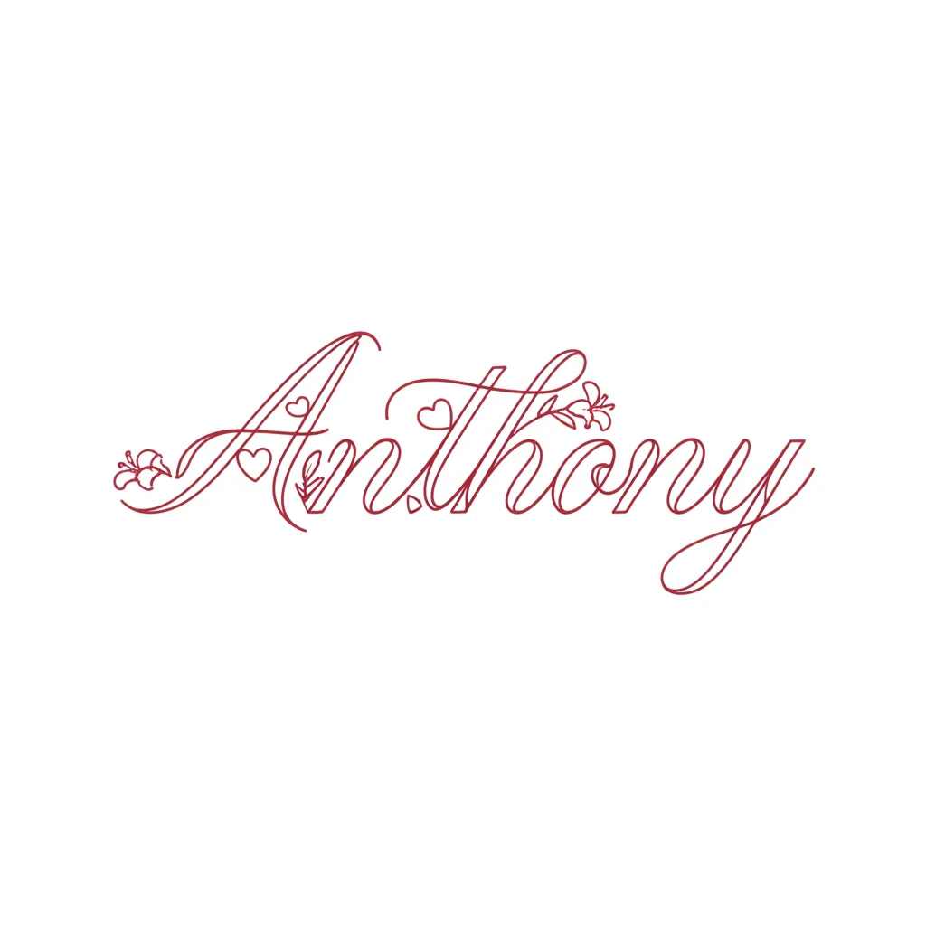 Anthony Name Tattoo in Red Cursive with Hearts and Lilies - Minimalist Design