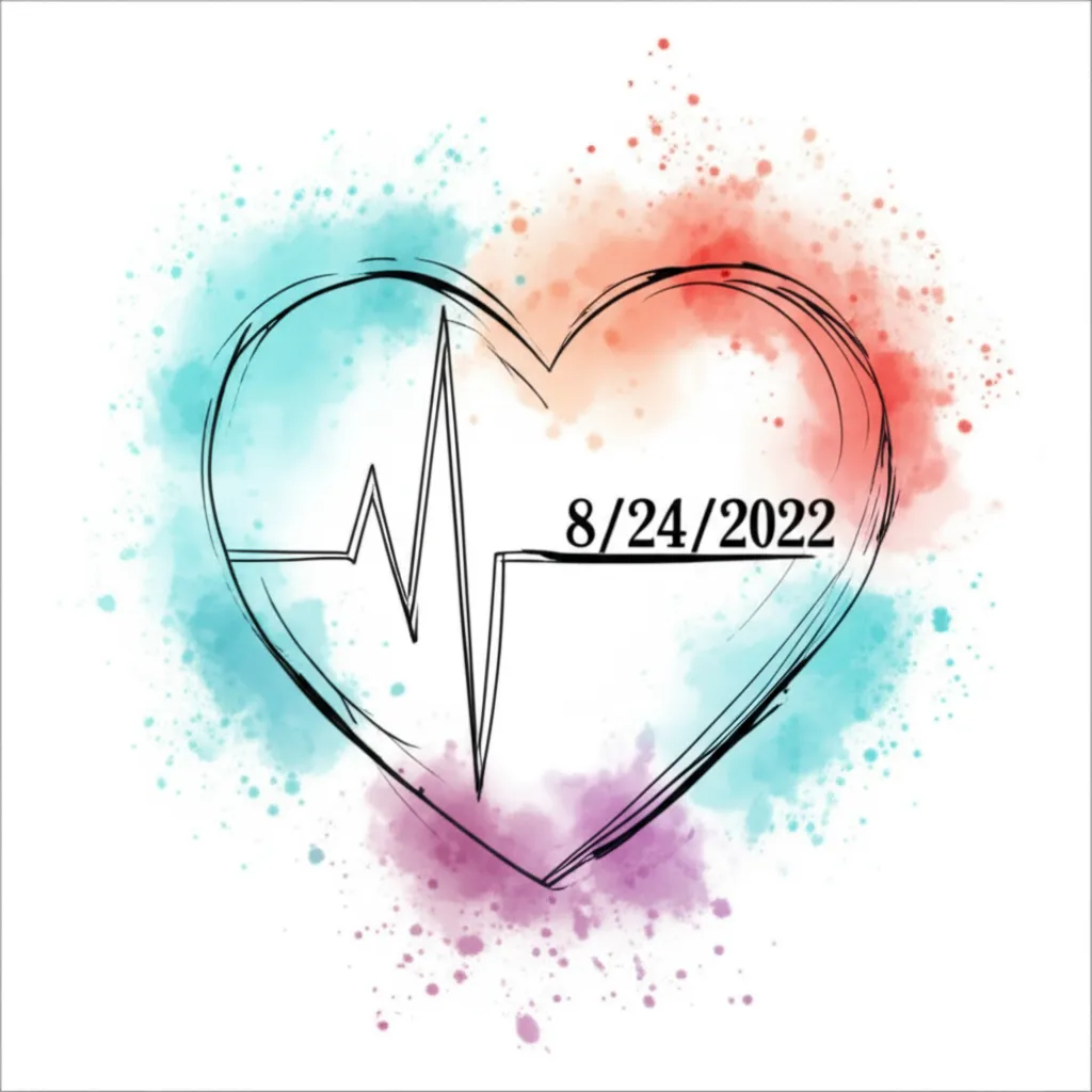 Watercolor Heart Flatline Tattoo with Date - Memorial Tattoo Idea Watercolor Heart Flatline Tattoo with Date - Memorial Tattoo Idea
