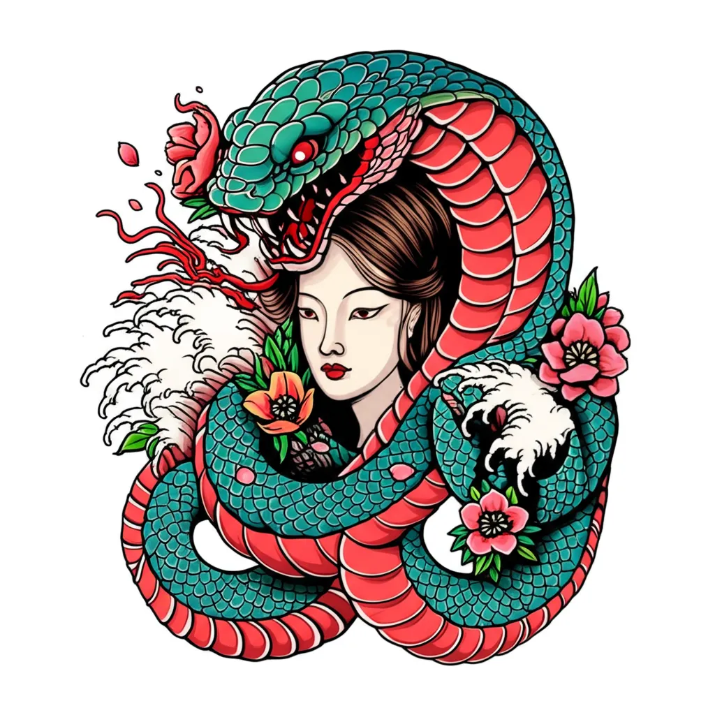 Cobra and Woman Face Japanese Tattoo Design